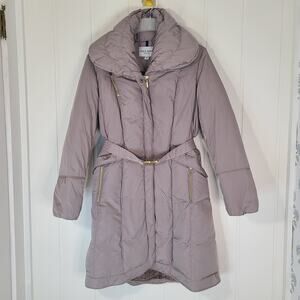 Cole Haan Puffer Coat Women's Large Oversized Collar Belted Long Down Filled